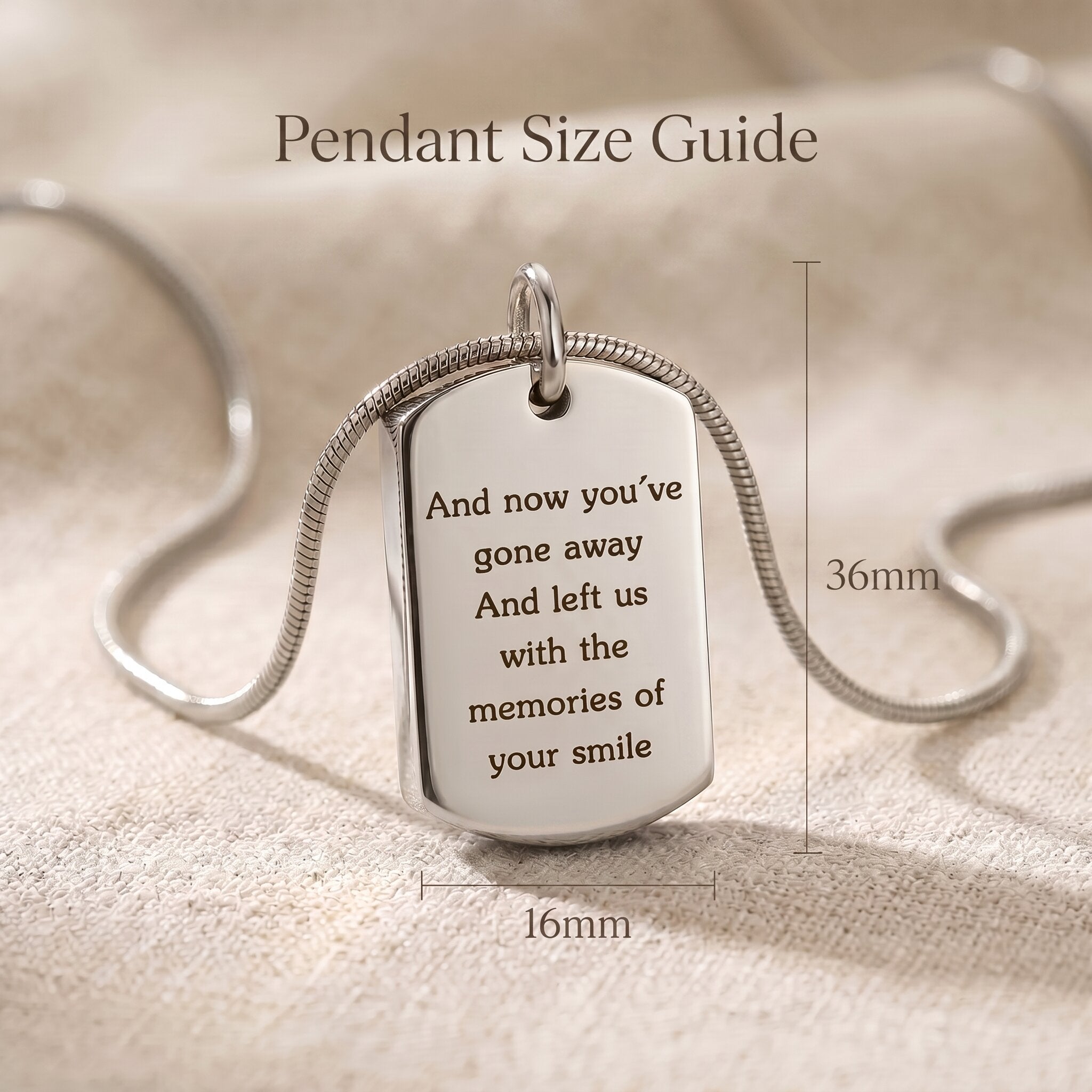 Memory tag cremation necklace size guide showing pendant dimensions and memorial engraving detail