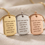 Memory tag cremation necklace tone comparison showing gold, silver and rose gold memorial keepsake finishes