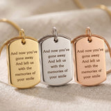 Memory tag cremation necklace tone comparison showing gold, silver and rose gold memorial keepsake finishes