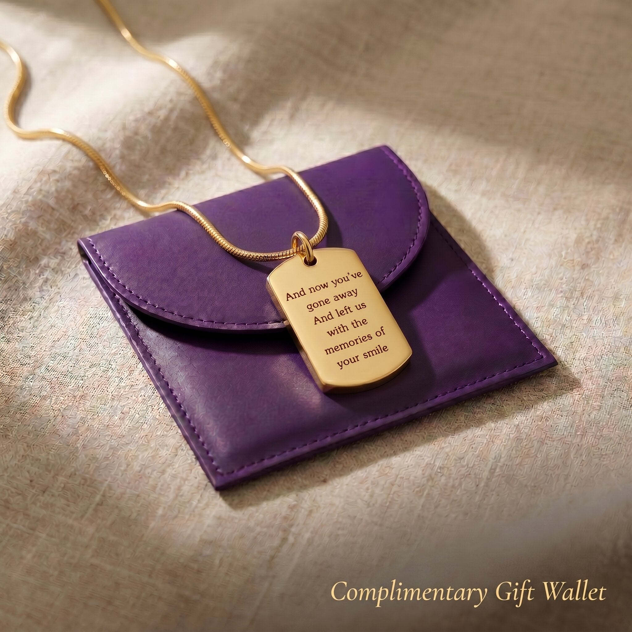 Memory tag cremation necklace with gift wallet packaging, memorial ashes jewellery keepsake gift
