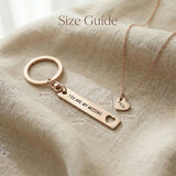 Missing piece set size guide showing dimensions of necklace pendant and keyring tag