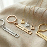 Missing piece necklace and keyring tone comparison showing gold, silver and rose gold