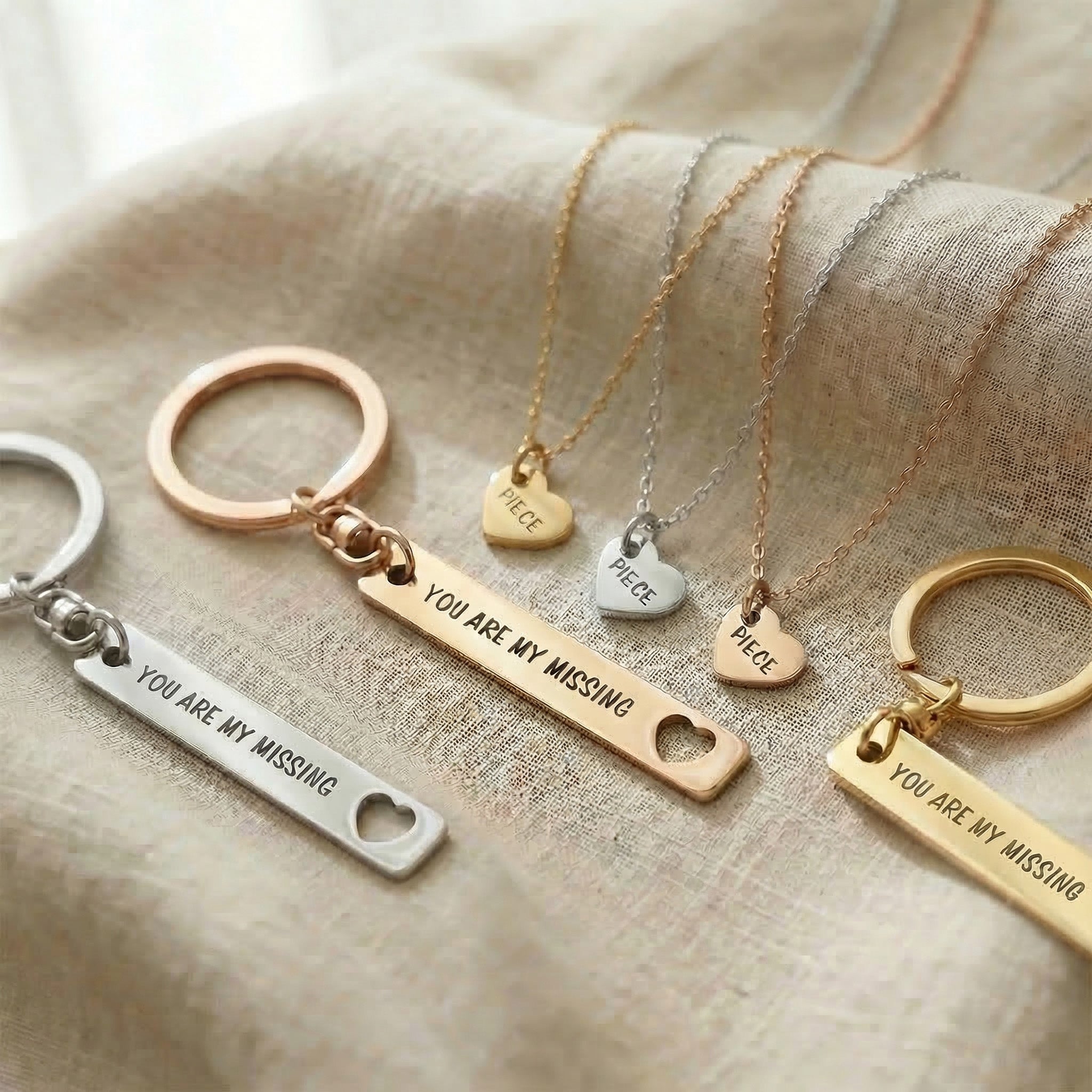 Missing piece necklace and keyring tone comparison showing gold, silver and rose gold
