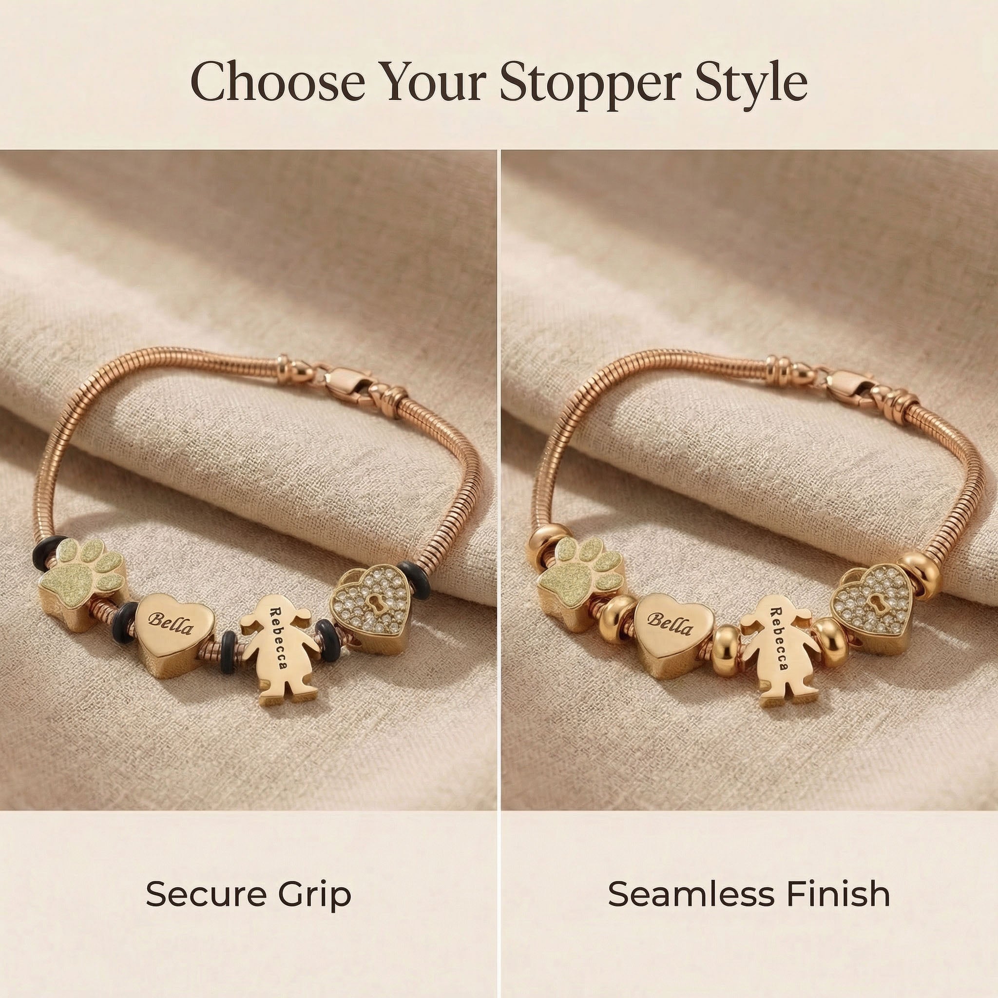 Moments charm bracelet option showing different stopper styles and charm configurations