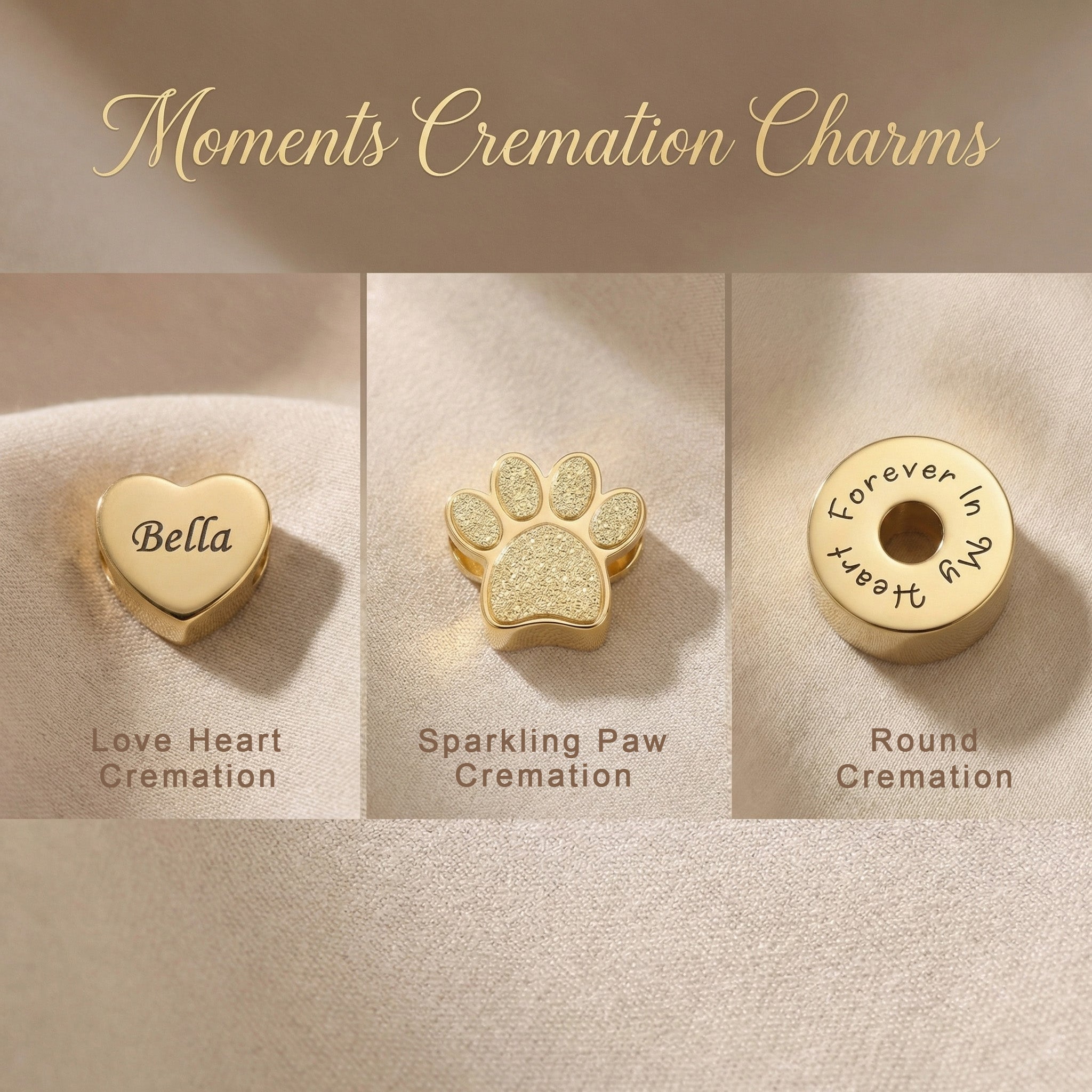 Moments charm bracelet option showing cremation charm and symbolic keepsake inserts