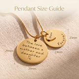 Mother forever necklace size guide showing layered pendant with two discs and heart charm dimensions
