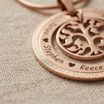 My Family Tree necklace showing engraving and sparkling design on circular pendant