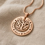 Rose gold My Family Tree necklace with circular tree of life pendant designons