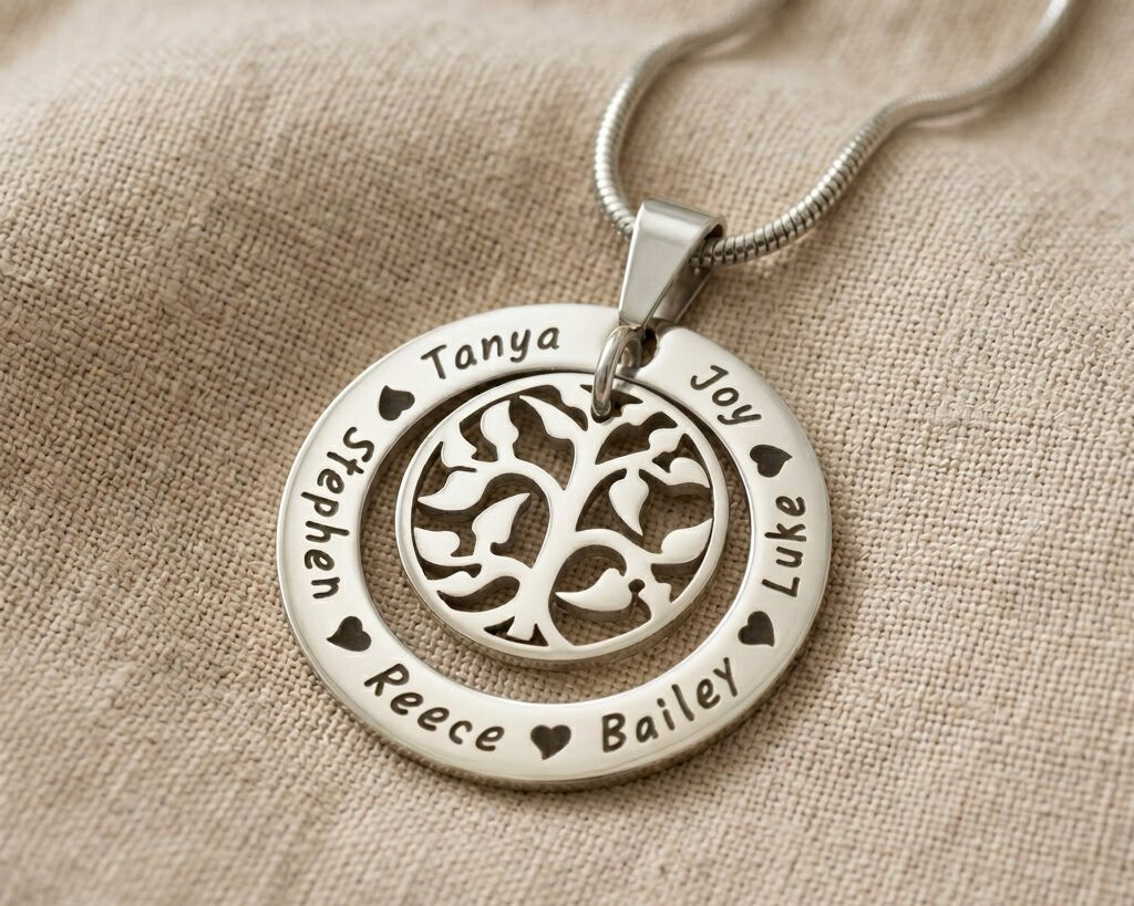 Silver My Family Tree necklace with circular pendant featuring tree of life design