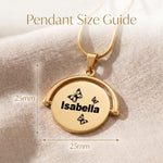Spinning necklace size guide showing pendant dimensions and personalised engraved detail