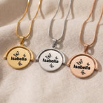 Spinning name necklace tone comparison showing gold, silver and rose gold personalised finishes