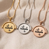 Spinning name necklace tone comparison showing gold, silver and rose gold personalised finishes