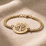 Tree of life bracelet in gold with symbolic family design, meaningful keepsake jewellery gift for mum