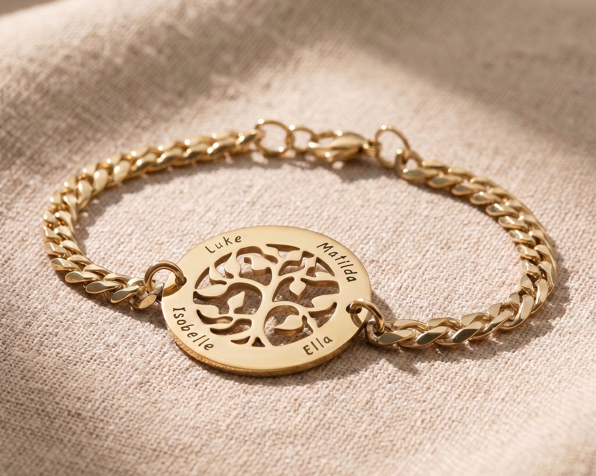 Tree of life bracelet in gold with symbolic family design, meaningful keepsake jewellery gift for mum