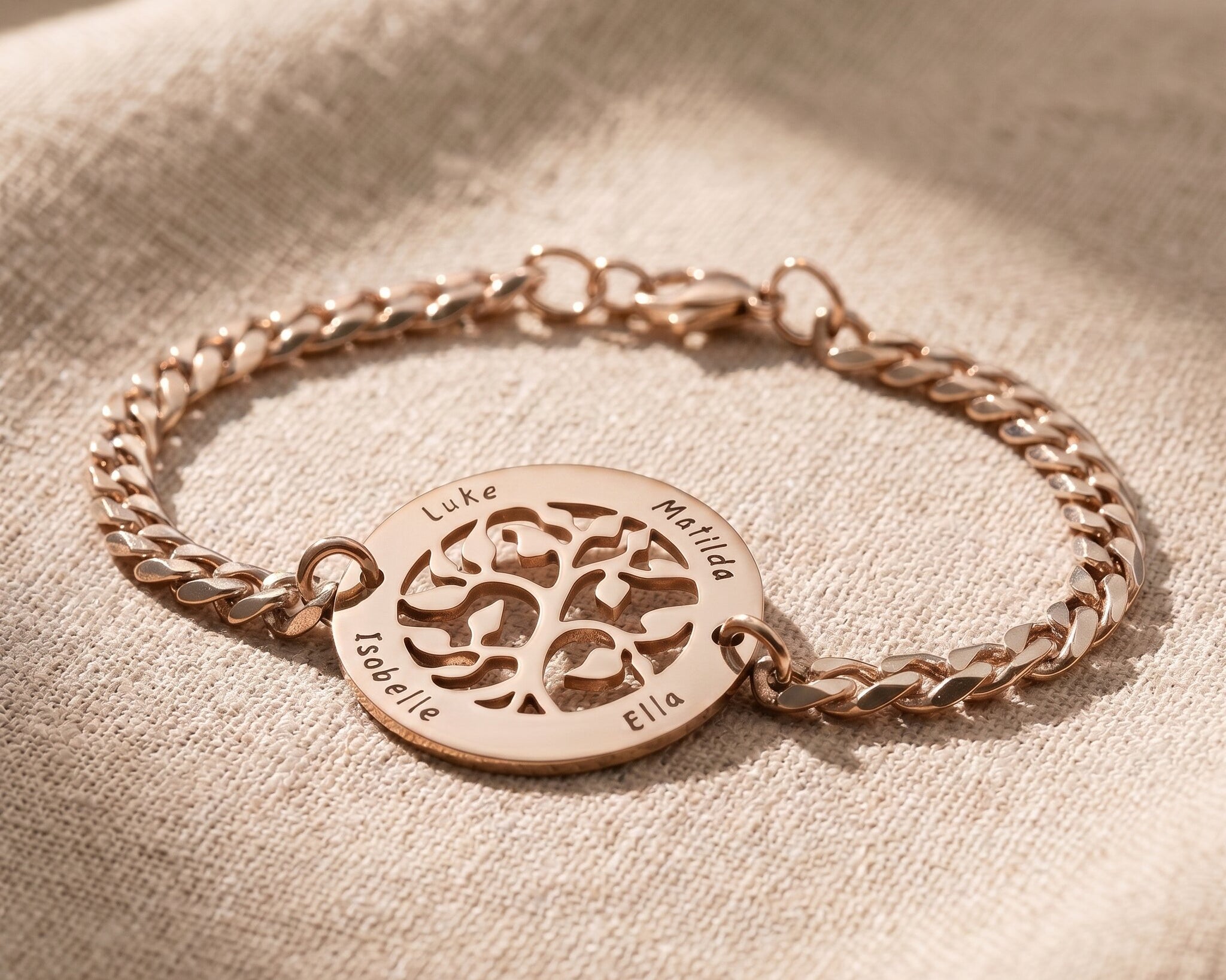 Tree of life bracelet in rose gold with detailed family symbol design, sentimental keepsake bracelet gift