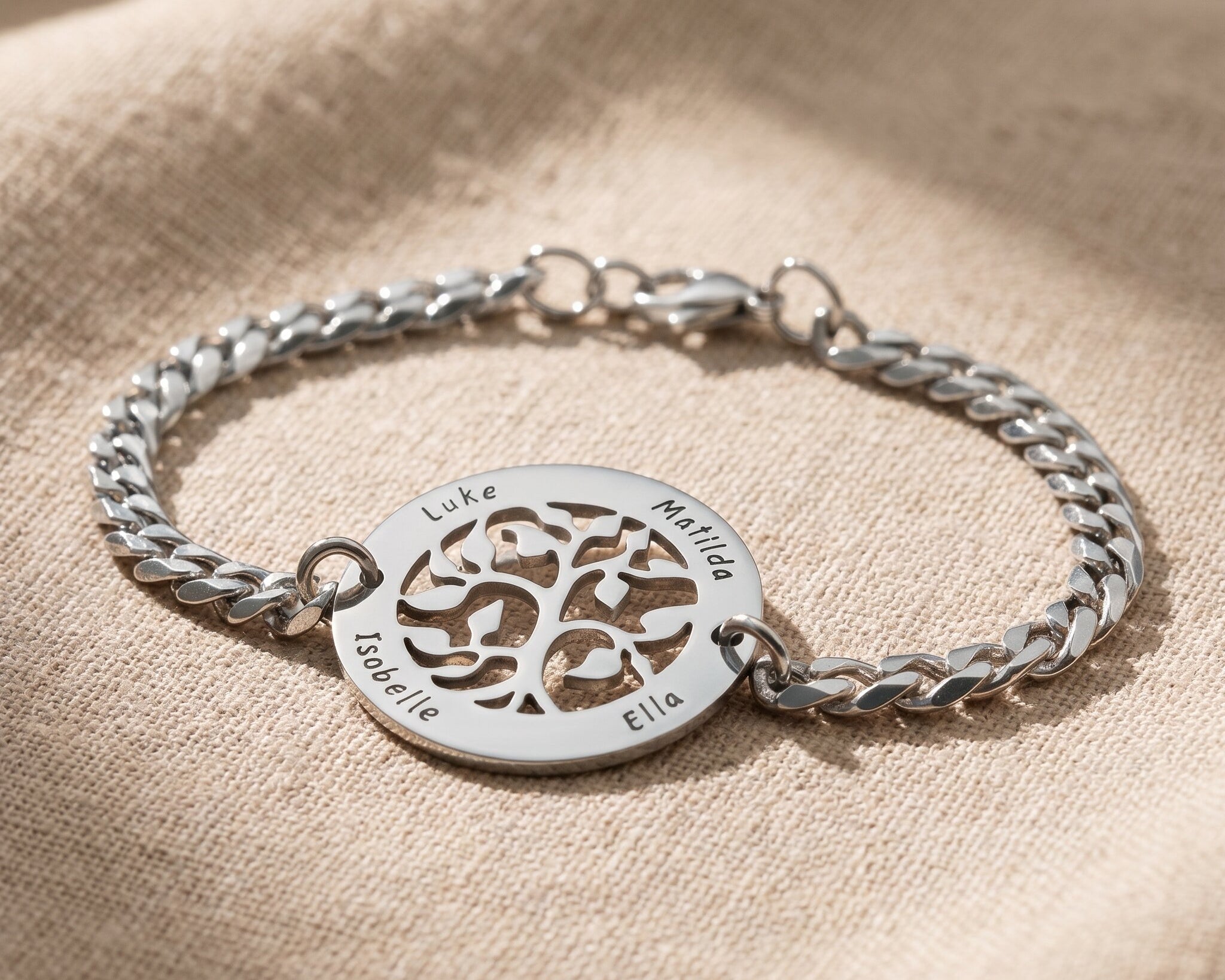 Tree of life bracelet in silver with symbolic family design, meaningful jewellery gift for her
