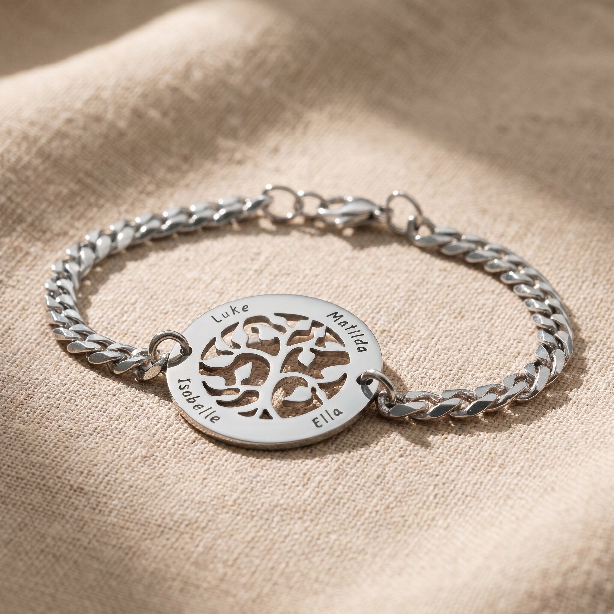 Tree of life bracelet in silver with symbolic family design, meaningful jewellery gift for her