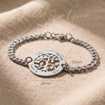 Tree of life bracelet size guide showing pendant dimensions and bracelet chain length detail