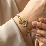 Belle Fever my tree bracelet in gold, personalised engraved names bracelet worn on wrist, symbolic tree of life jewellery gift for mum, meaningful family keepsake