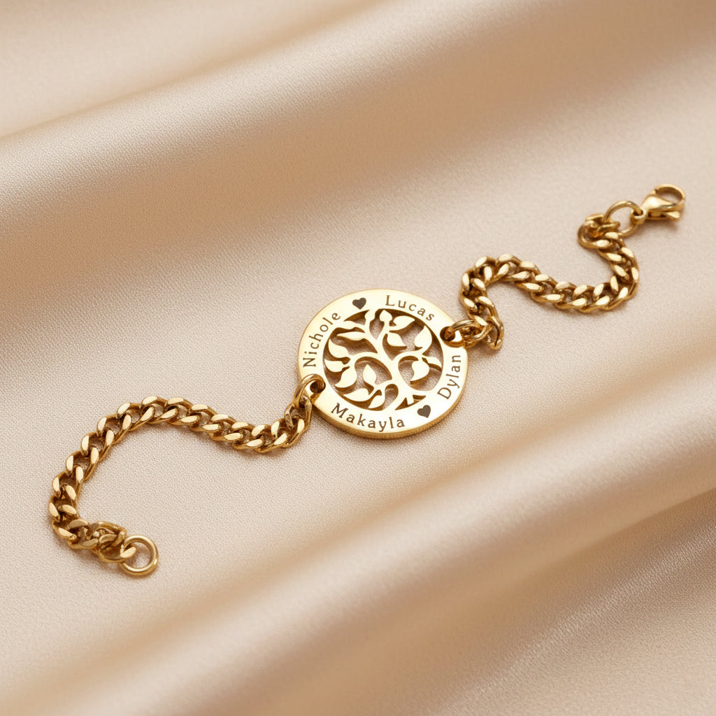 Belle Fever my tree bracelet gold macro flat lay, custom engraved name bracelet, symbolic tree of life jewellery gift, elegant personalised family keepsake.