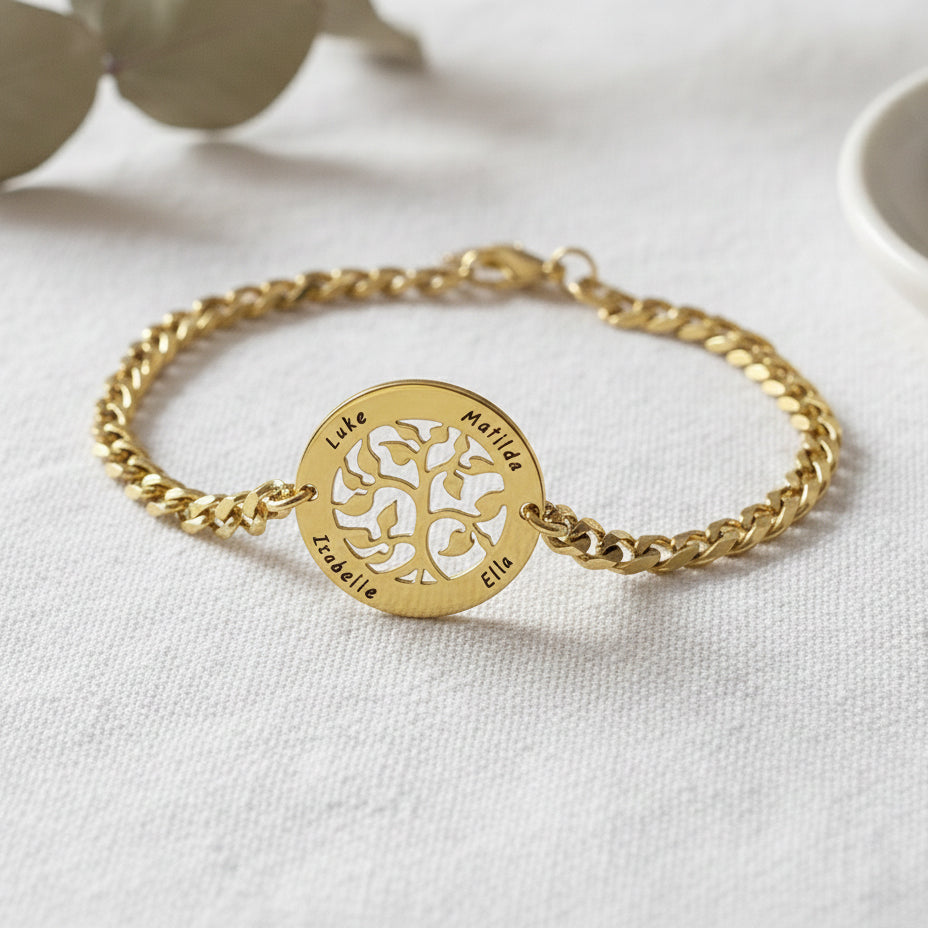 Belle Fever my tree bracelet gold on neutral background, custom engraved tree of life pendant, personalised family name bracelet gift, timeless keepsake jewellery.