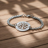 Belle Fever my tree bracelet in silver with blue cord, personalised engraved tree of life jewellery, meaningful family bracelet gift, custom name keepsake.