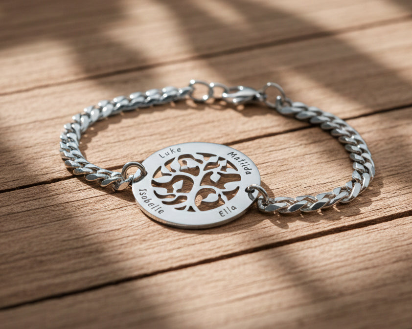 Belle Fever my tree bracelet in silver with blue cord, personalised engraved tree of life jewellery, meaningful family bracelet gift, custom name keepsake.