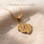 New life necklace size guide showing pendant dimensions and chain length