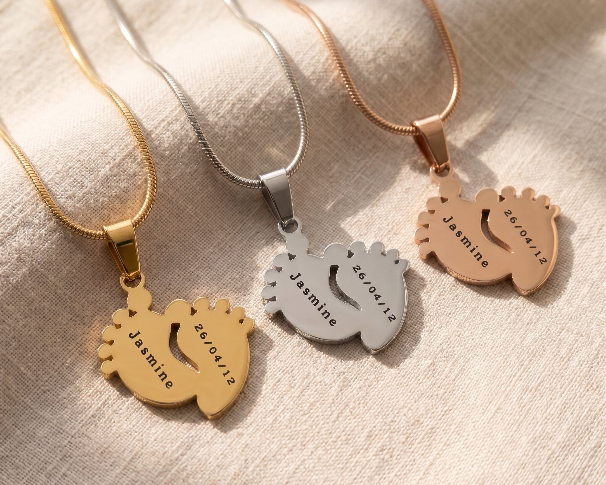 New life necklace tone comparison showing gold, silver and rose gold engraved finishes