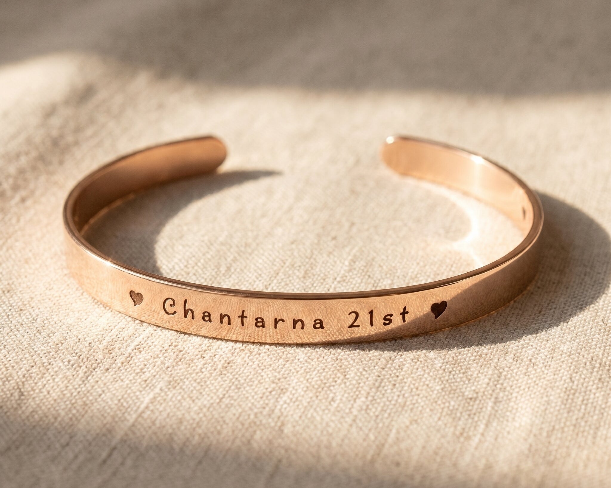 Open cuff bangle in gold with engraved message, personalised keepsake jewellery gift for her