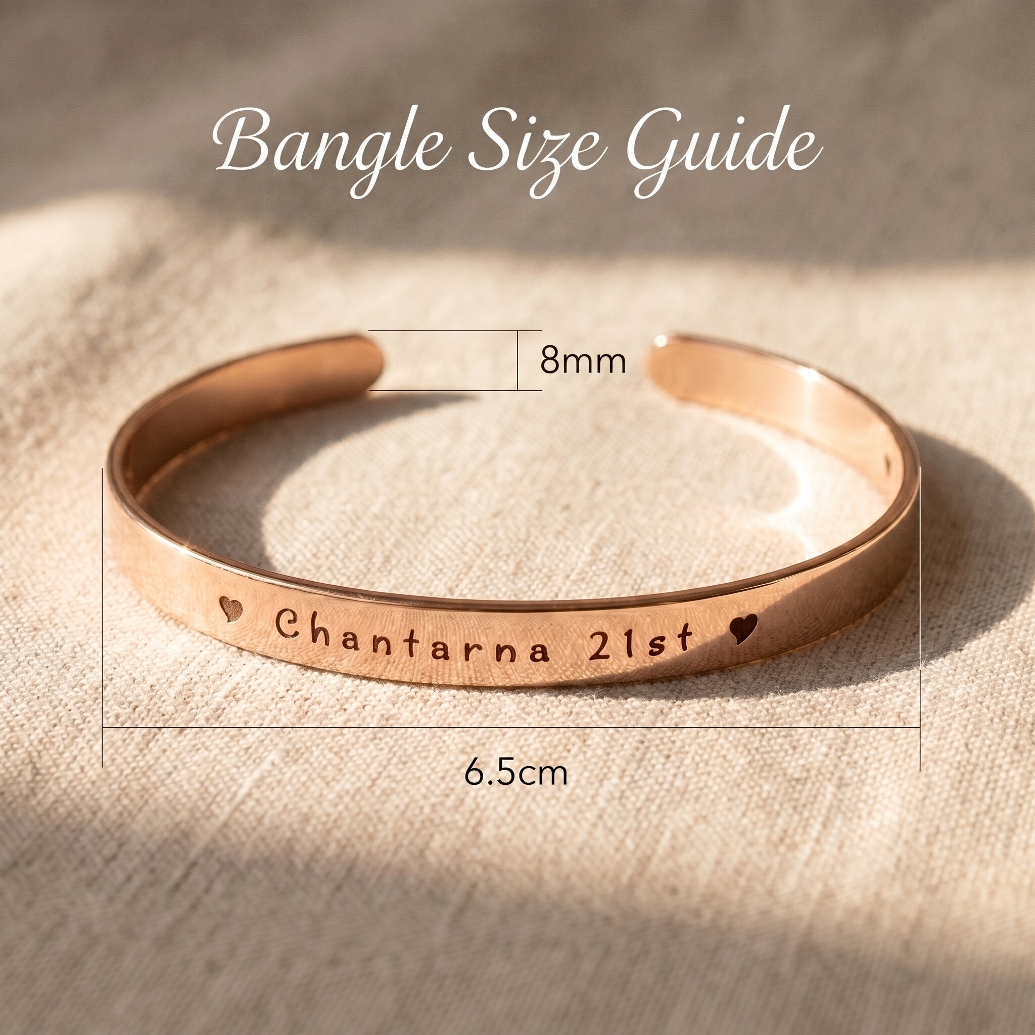 Open cuff bangle size guide showing bracelet width and personalised engraving detail