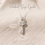 Open doors necklace size guide showing pendant dimensions and delicate design detail