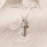 Open doors necklace size guide showing pendant dimensions and delicate design detail