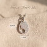 Persistence necklace size guide showing pendant dimensions and delicate symbolic design