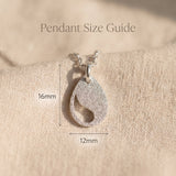 Persistence necklace size guide showing pendant dimensions and delicate symbolic design