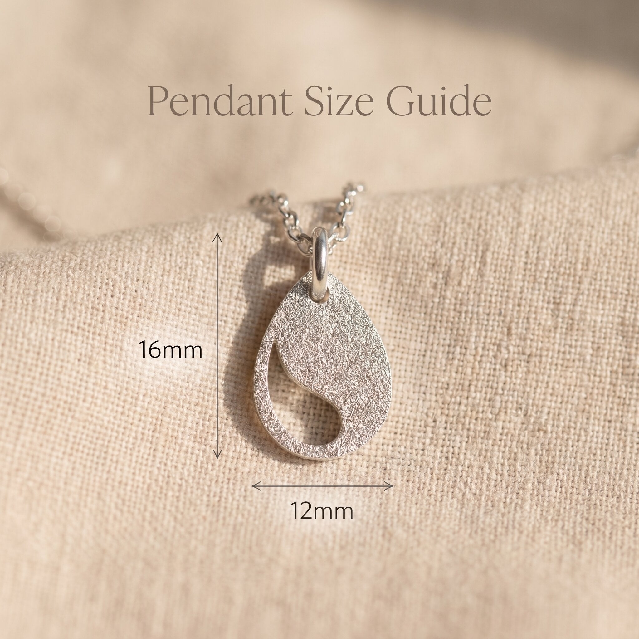 Persistence necklace size guide showing pendant dimensions and delicate symbolic design