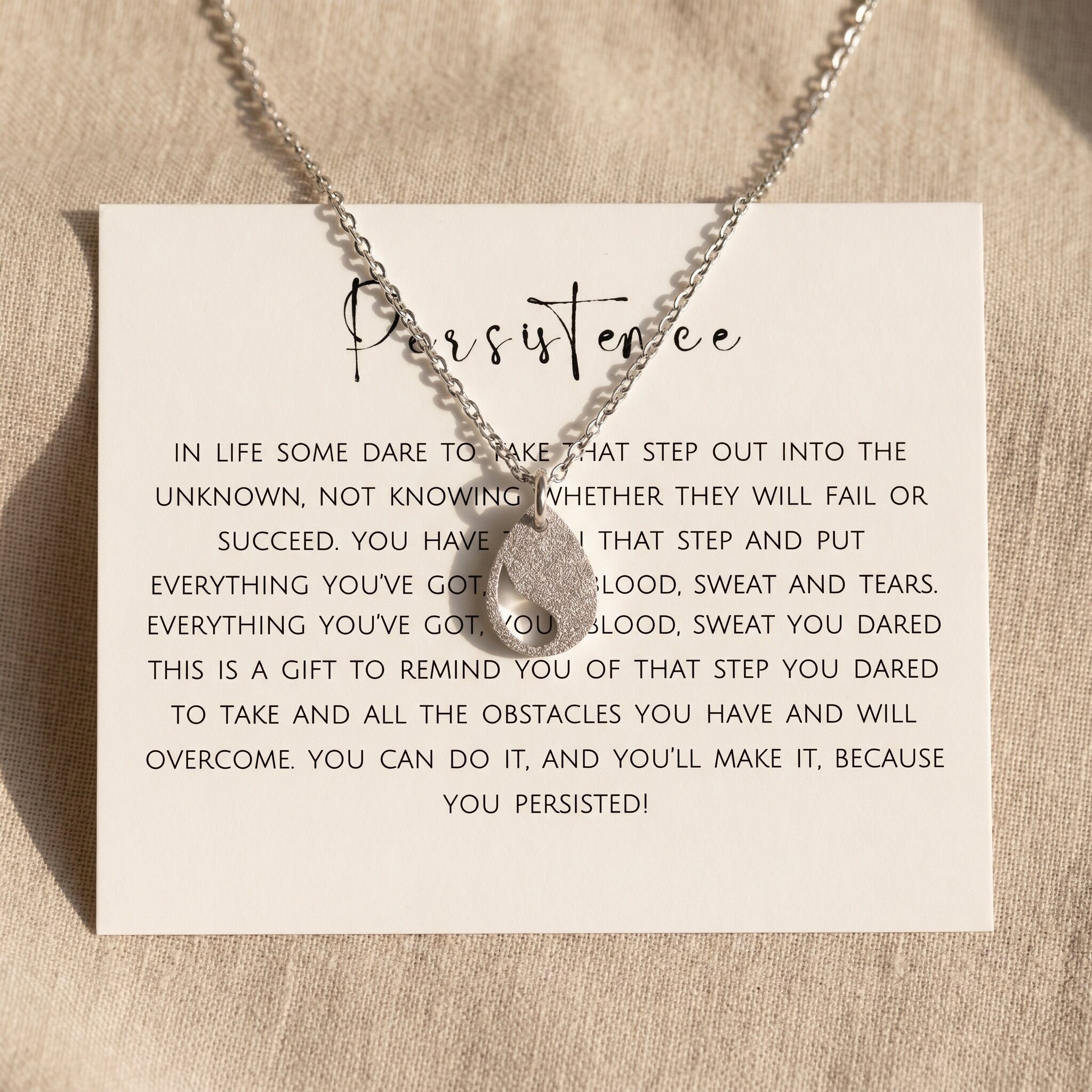 Persistence necklace with message card, meaningful jewellery symbolising strength, resilience and personal growth