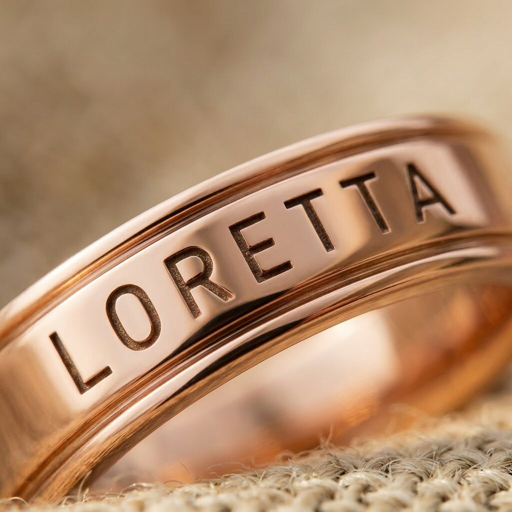 Close-up of personalised band ring with engraved name detail showing fine craftsmanship and finish