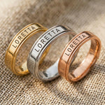 Personalised band ring tone comparison showing gold, silver and rose gold engraved rings side by side