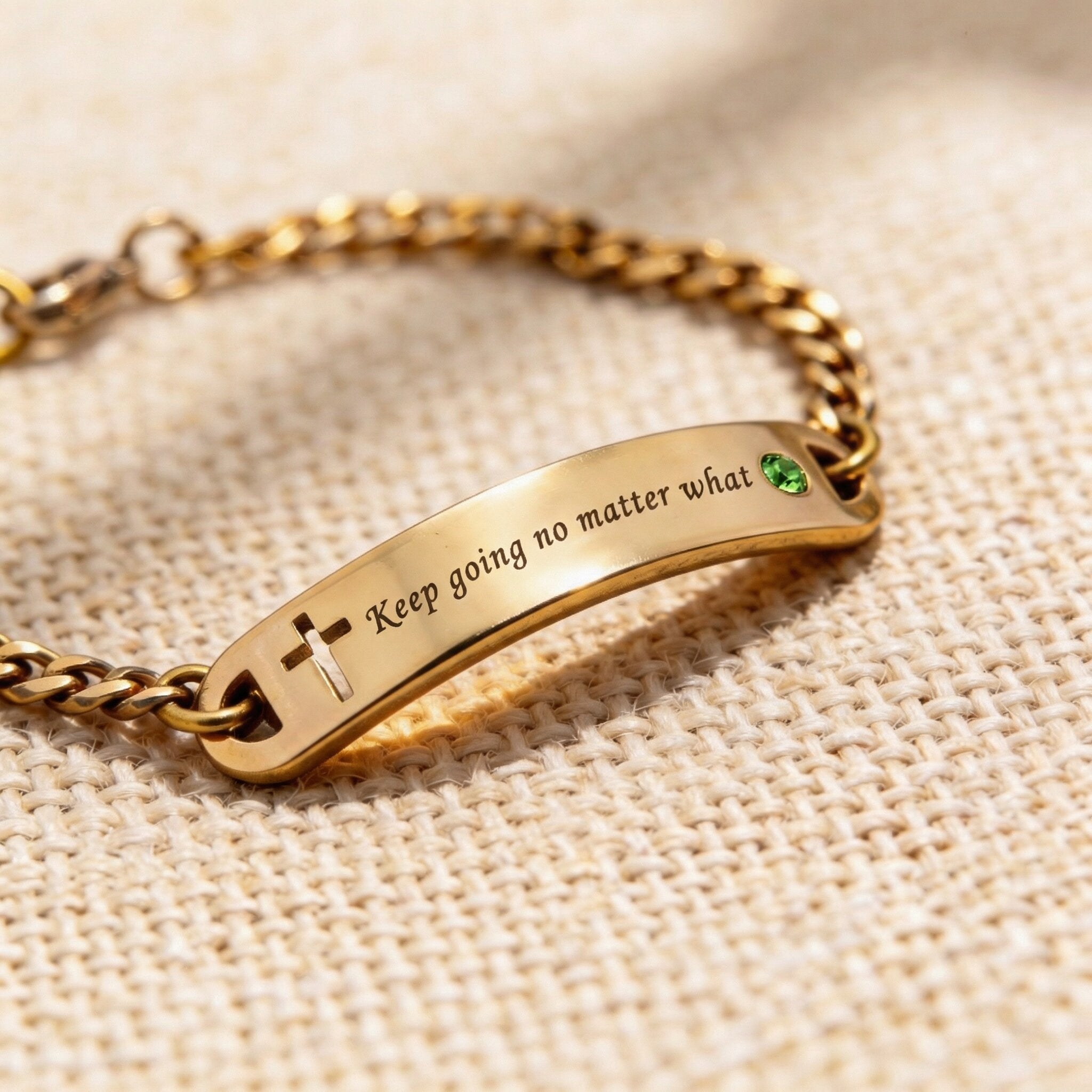 Personalised bracelet with cross and birthstone accent and custom engraved text, meaningful faith jewellery design