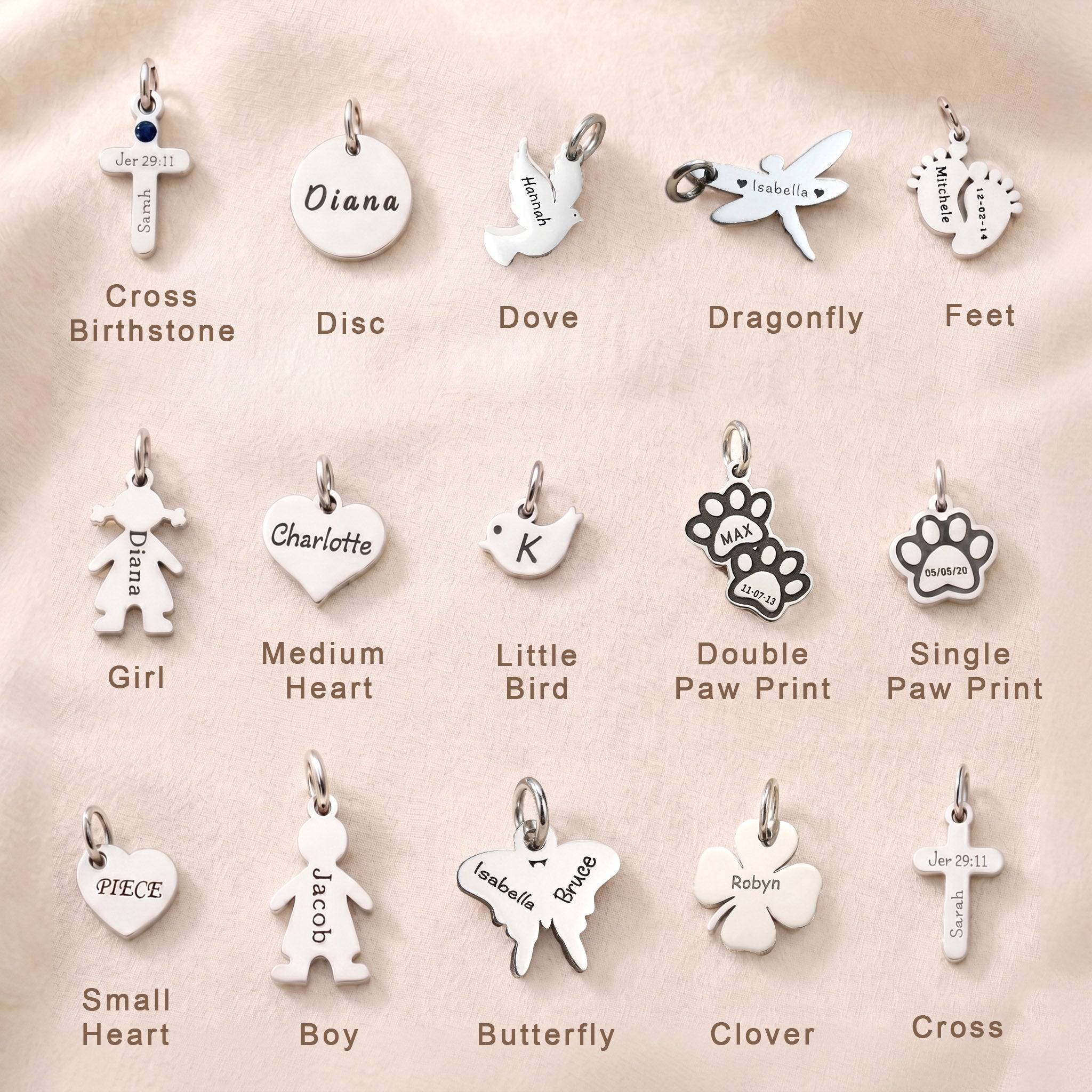Personalized engraved keyring charm collection with custom names, symbols, pet charms, and meaningful keepsakes