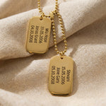 Double personalised dog tag necklace with engraved text showing layered tag design option