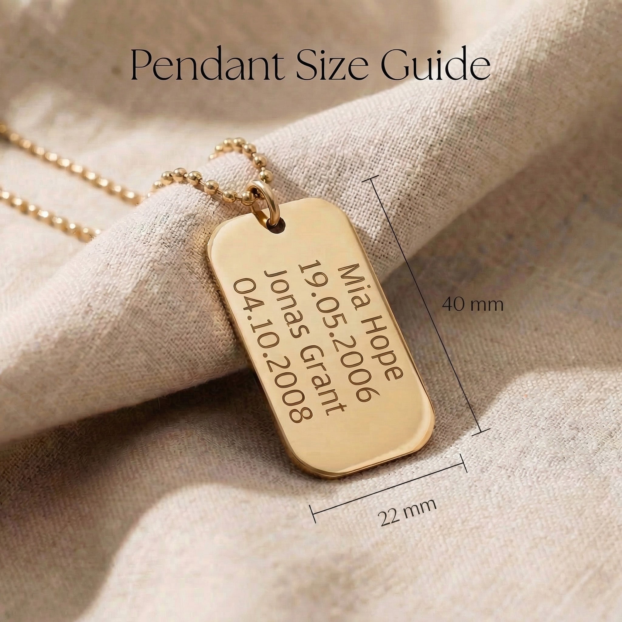 Personalised dog tag necklace size guide showing engraved tag dimensions