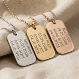 Personalised dog tag necklace tone comparison showing gold, silver and rose gold engraved tags