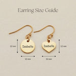 Size guide showing dimensions of personalised disc and heart shape earrings 