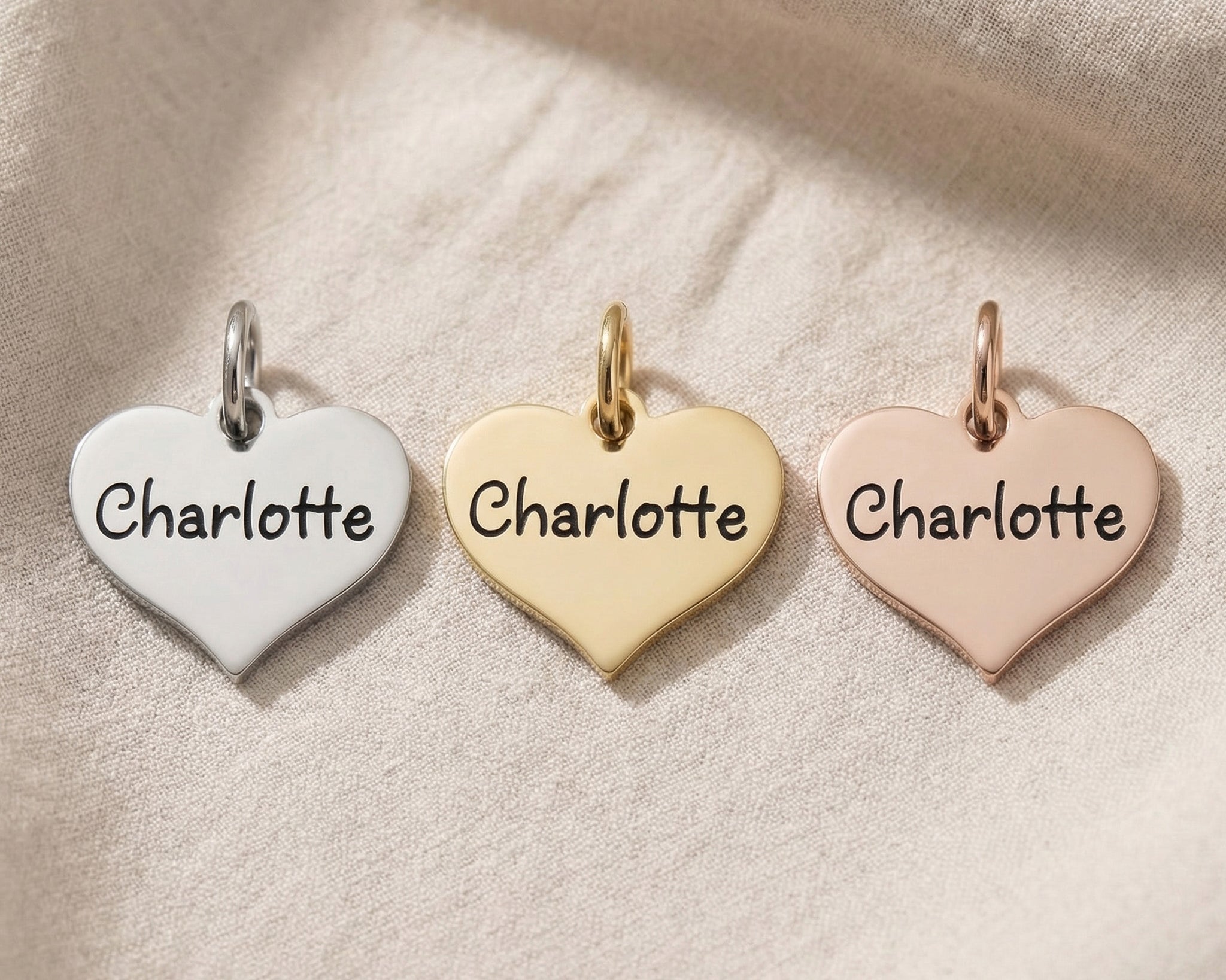 Personalised keyring charms tone comparison showing gold, silver and rose gold finishes
