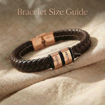 Personalised leather bracelet size guide showing charm bracelet width and length details