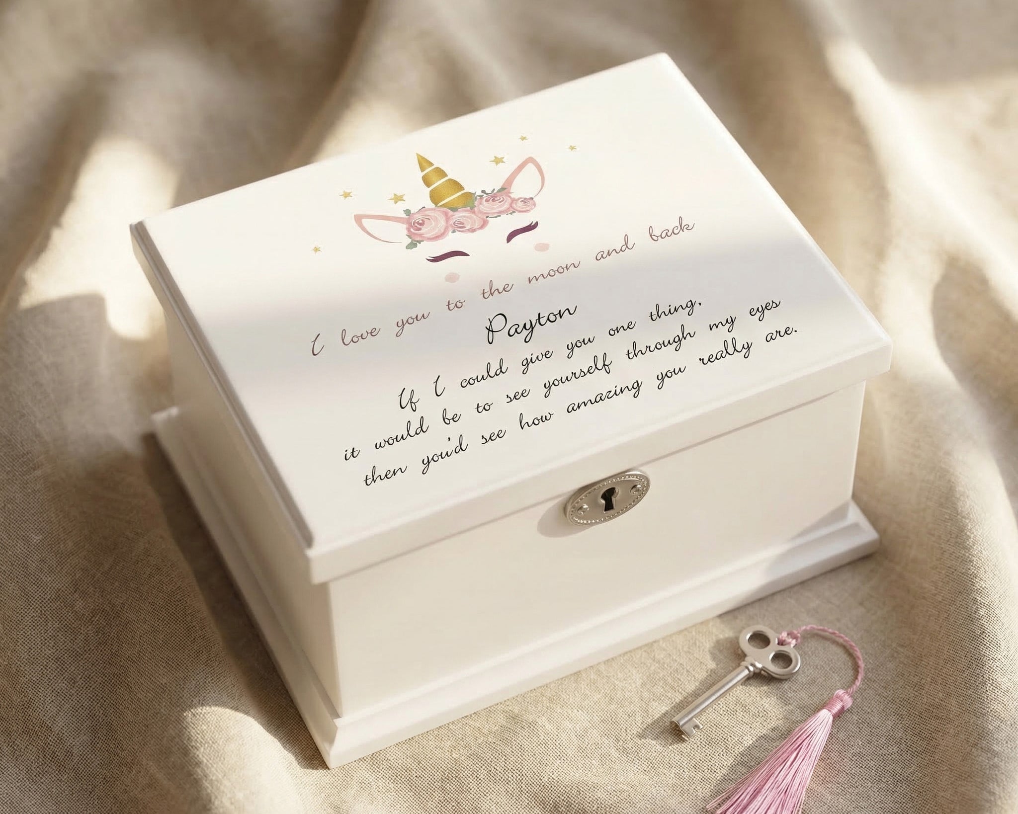 Personalised musical jewellery box with custom printed lid, keepsake gift design