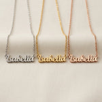Personalised name necklace in gold silver and rose gold finishes with script name pendant