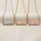 Personalised name necklace in gold silver and rose gold finishes with script name pendant